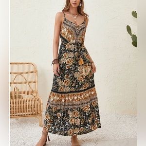 Boho Floral Print Drawstring Waist Fringed Ruffle Hem Cami Dress